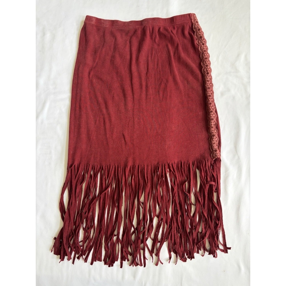 POL Boho Ribbed Cotton Fringe Hem Lace Trim Midi Skirt Large In Burgundy